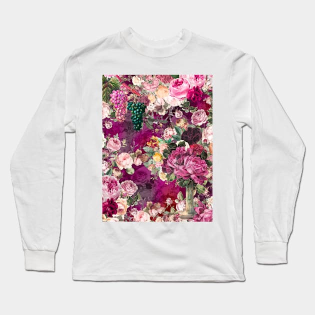 Elegant Vintage flowers and roses garden shabby chic, vintage botanical, pink floral pattern pink fuchsia artwork over a Long Sleeve T-Shirt by Zeinab taha